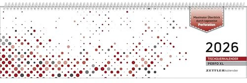 Zettler Tischquerkalender 1W/2S Perfo XL Rot 2026 – Bürokalender 36x11 cm, Wochenkalender mit 1 Woche auf 2 Seiten, deutschem Kalendarium, Stundeneinteilung 7–20 Uhr, perforierte Tagesblätter