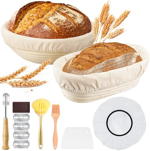 Prebarfun 2er-Set Gärkorb Set, Gärkörbchen Rund 23cm & Oval 28cm, Gärfolie für Brot, Bäckermesser, Teigschaber, Backpinsel & Reinigungsbürste, Brot Backen Zubehör für Heim- und Professionelle Bäcker