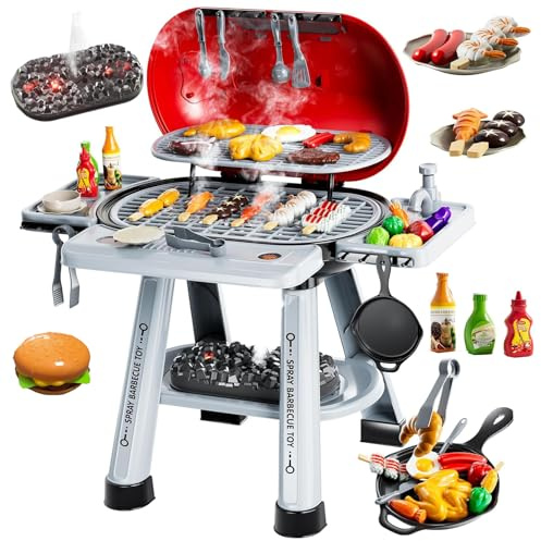Yiwsnust Kids Play Grill Kitchen Toys: BBQ Outdoor Toys Play Grill Set with Smoke Sound Light, Pretend Play Food Toy Cooking Set Kids Outdoor Grill Playset, 2 Layer Barbecue Gifts for 4-8 Boys Girls