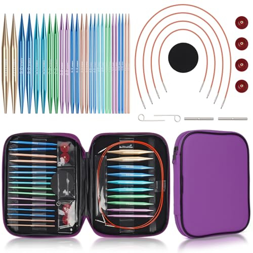 Reessy Circular Knitting Needles, 13 Pair Interchangeable Circular Knitting Needle Set with Case & Accessories, Round Knitting Needles for Handmade DIY Knit-Purple
