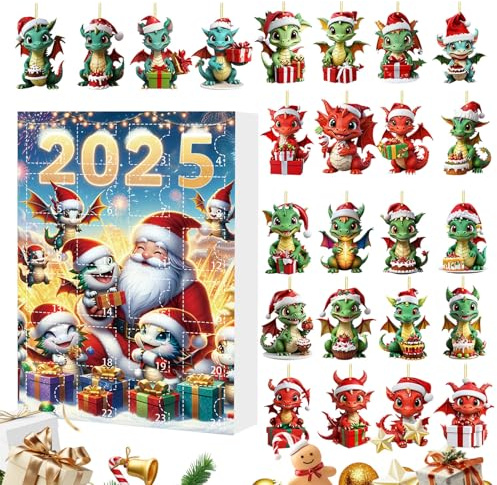 Seyrnicay Drake julkalender 2025, 24 dagar nedräkningskalender 2D akryldekor – söt drake julgransprydnader – för bil, vägg, dörr, fönster, fest, familj, hem, semester, barn vuxna