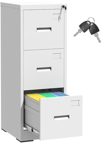 EKJ 3 Drawer Filing Cabinet with Lock and Card Slot, Vertical Locking File Cabinet for Home Office, Small Metal File Cabinets for Storage Legal Letter File Folders, Assembly Required(White)