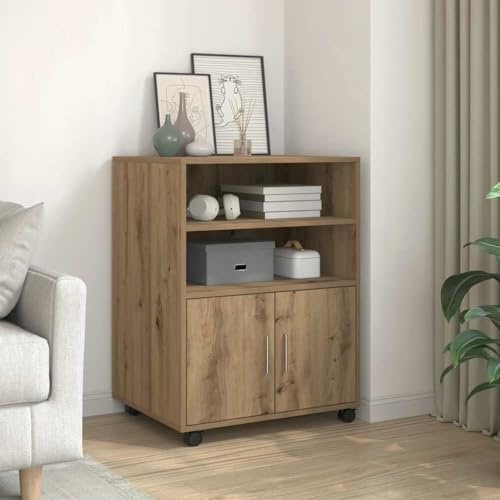 Mokuyary Rolling Cabinet Artisan Oak 60 x 48 x 81 cm Wood Material Rolling Container, Mobile Filing Cabinet with Wheels, Office Container, Side Table for Living Room, Office