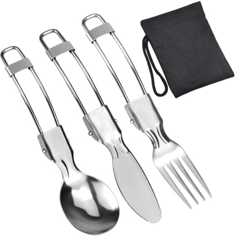 CATZUM Set de Cubiertos Plegables de 3 Piezas con Cuchara, Tenedor y Göffel de Acero Inoxidable - Cubiertos para Camping, Viajes y Picnic con Estuche Resistente (Acero Inoxidable)