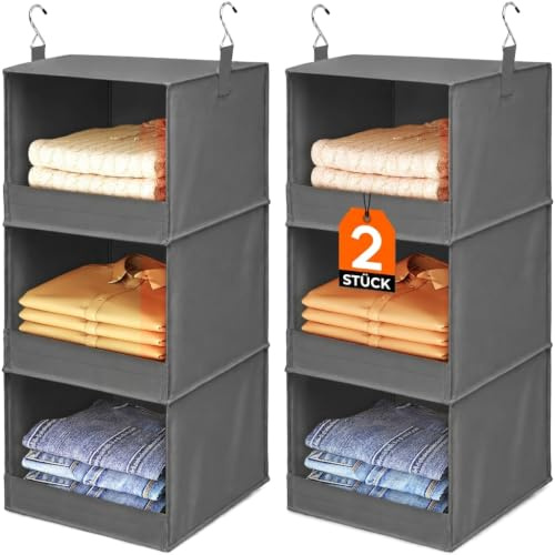 Lifewit Hanging Wardrobe Storage Organiser for Clothes, Collapsible | 3 Shelf Hanging Wardrobe Organisers with 2 Metal Hooks, Portable, Vertical, for Travel, Grey, 2 Pack
