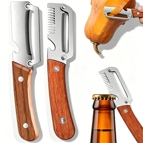 Set da 2 sbucciatori per verdure multifunzionali, 2-in-1 in acciaio inox con manico in legno e apribottiglie, utensile da cucina robusto per patate zero sprechi (1pc Pettine + 1pc Peeler)