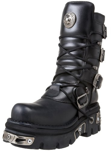 New Rock Botte unisexe M.373-S4 Metallic Collection – style punk, gothique et biker – cuir vachette noir, semelle Reactor, plateforme 5 cm et talon 7 cm, laçage avant, fabrication artisanale 38