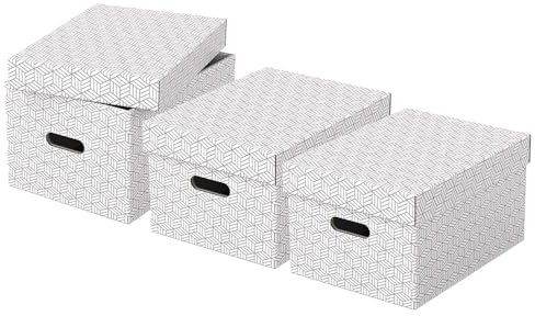 Esselte 3er Set mittelgroße Aufbewahrungs- & Geschenkboxen mit Deckel, Schachteln für Wohnung/Büro & Organisationszwecke, 100% recycelter Karton, 100% recycelbar, geometrische Designs, Weiß, 628282