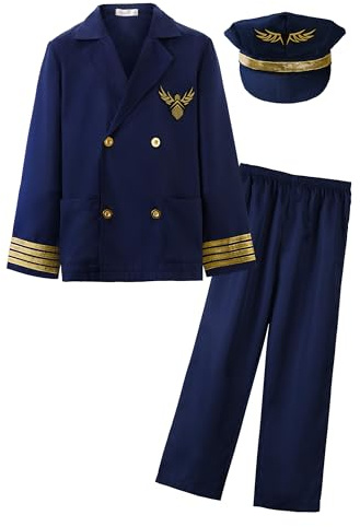 ReliBeauty Costumi di Carnevale Pilota Costume Poliziotto Bambino con Cappello blu,110