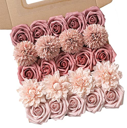 rongflower Artificial Flowers Combo Box Set Gradient Color Flower Leaf with Stems for DIY Wedding Bouquets Centerpieces Baby Shower Party Home Decorations（Pink Purple）