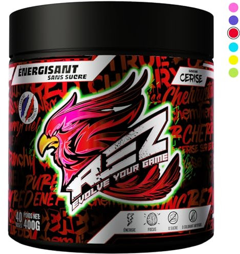Rez | Energy Drink en Poudre | Boisson Énergisante SANS Sucre | Colorants et Arômes Naturels | Fabriqué en France | 40 Shakers en 1 Pot (400g (Lot de 1), Cerise)