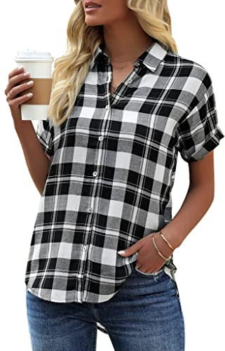GeGekoko Chemisier à carreaux pour femme - Manches courtes - Décontracté - Col en V - Boutonné - Tunique d'été - T-shirt