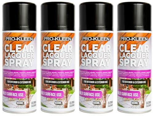 Pro-Kleen Clear Lacquer Spray Gloss - Protects & Seals, for Metal, Wood, Plastics, Ceramics, Fast Drying Formula for Interior and Exterior Surfaces, Durable, Flexible, 4 x 400ml