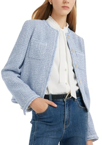 GOELIA Tweed Blazers for Women Work Business Casual Knit Blazer Cropped Blue Lightweight Suit Jackets Spring Womens Tweed Jacket Sequin Blazer Single-Breasted Round Neck Blazers