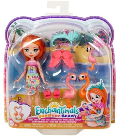 Enchantimals Sunshine Beach - Famiglia di Florinda il Fenicottero, playset con mini bambola Florinda, l'amica Twig e 2 cuccioli che formano un cuore, giocattolo per bambini, 4+ anni, HRX85