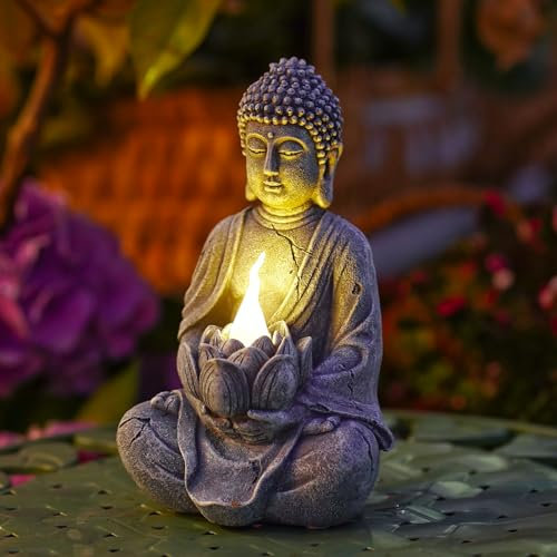 Statue de Bouddha pour décoration d'intérieur et d'extérieur, lampe de jardin LED vacillante, méditation zen, décoration de chambre spirituelle (Bouddha zen)