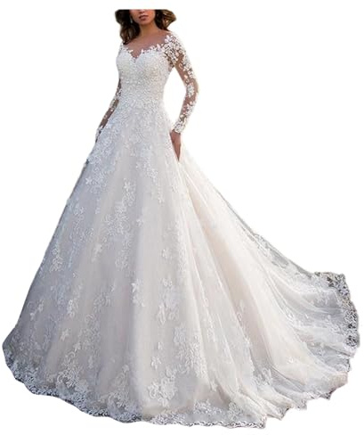 YonYeHong Abito da Sera da Donna Abito Floreale A Maniche Lunghe Abito da Sposa in Pizzo