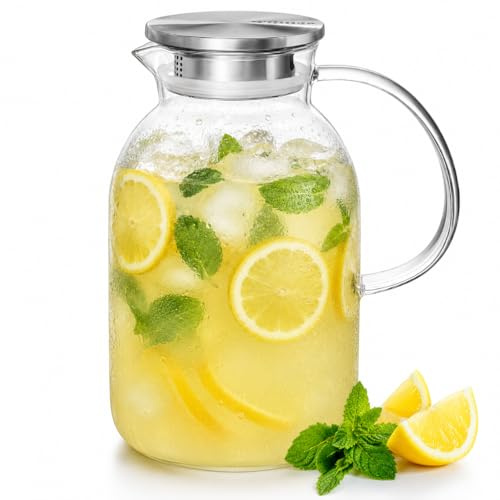 Wilmax | Glaskaraff med lock av rostfritt stål | 2 100 ml | karaff för varma eller kalla drycker | vattenkaraff av borosilikatglas | glaskanna för te, juice, mjölk | glaskanna | vattenkanna