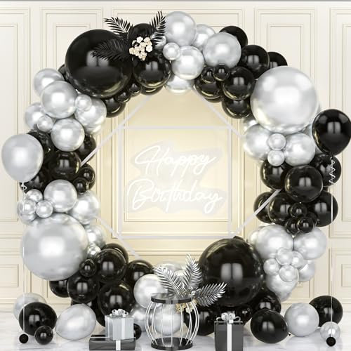 Teselife Arco Palloncini Nero e Argento, 119Pezzi Kit Ghirlanda Palloncino Metallo Argento Nero Ragazzo Uomini Ragazza Donne Compleanno Matrimonio Valentino Fidanzamento Laurea Proposta Valentino Deco