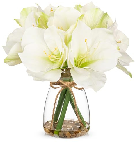 Arborus Artificial Amaryllis in Glass 30 cm Artificial Flowers Amaryllis White Artificial Flowers Table Decoration Artificial Plants Blossom Decorative Flowers in Vase for Shelf Window Sill Balcony