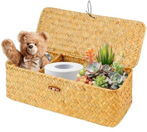 AKONE Panier de rangement en jonc de mer, couvercle inclus, tressé à la main avec 3 compartiments, idéal pour salle de bain, salon et cuisine
