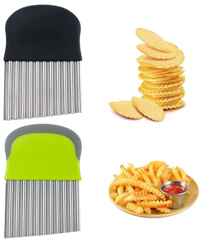 Cortador de Patatas, Cortador de ondas, Cortadora de Verduras, Patatas Cortador Ondulado de Acero Inoxidable, para Papas Fritas, Frutas, Verduras y Mantequilla, Negro y Verde