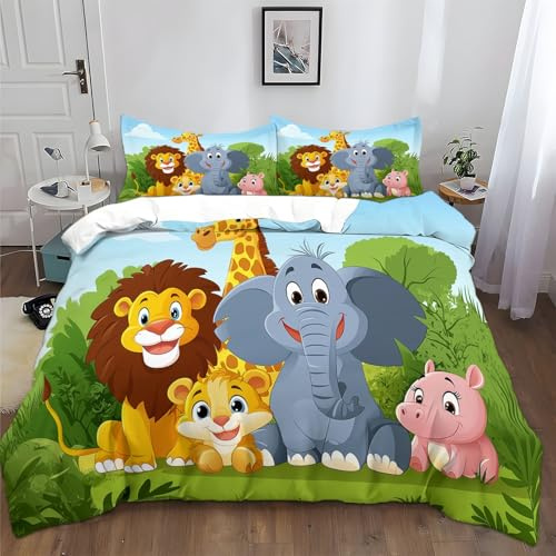 XCQHZYQ Copripiumino Singolo 150x200 cm Animali Della Giungla Dei Cartoni Animati Set di Biancheria da Letto in Cotone Poliestere Confortevole Stampa 3D Copripiumino con Chiusura a Cerniera