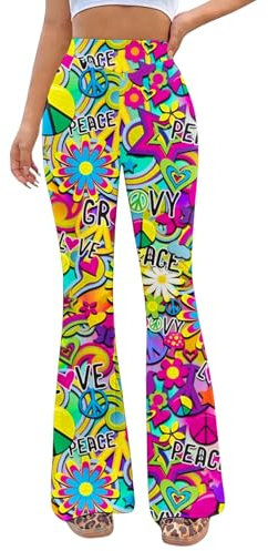 EVELUST Damen 70er Jahre Peace Schlaghose - Groovy Blumenmuster Hippie Bunte Hosen Retro Disco Party Leggings 70s Faschingshose Festival Rave Outfit Karneval Abba Kostüm(PsychedelicPeace,XL,10503w)
