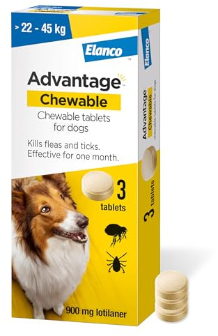 Advantage Chewable >22-45kg Chewable Tablets for Dogs 900mg (3 pack), Flea and Tick Treatment, Fast Acting Kills Fleas Within Hours, Prevention Lasts For A Month, Easy To Administer