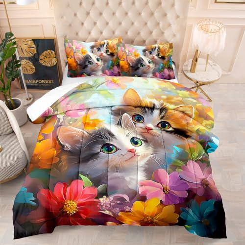 Couette 4 Saisons 200X200 Fleur Chat Microfibre Imprimée, 200Gsm, Lavable avec 2 Taies D’Oreiller 50X75