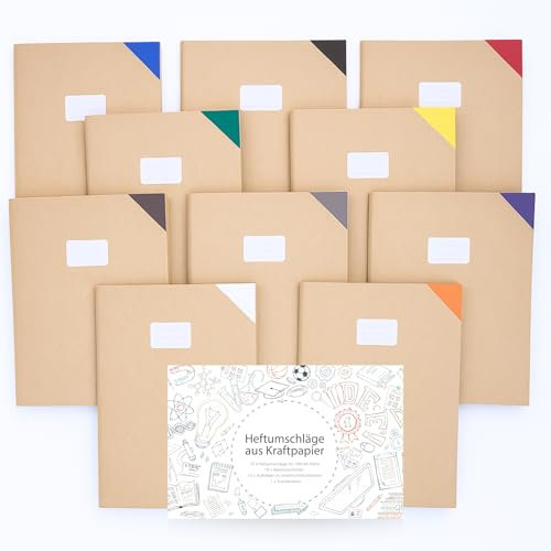 Friendly Fox 10 Heftumschläge aus Papier für Kinder, A4 Hefthüllen Kraftpapier, Heftschoner mit Beschriftungsetikett, Buchumschläge & Heftumschläge, DIY