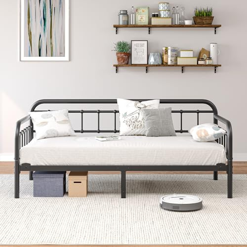 HAHRIR Metal Daybed Frame 90 x 190cm, Single Bed Size with Steel Slats Platform Furniture,Fits 3ft Mattress for Bedroom Living Room Guest Room, 27cm Storage Space,Black