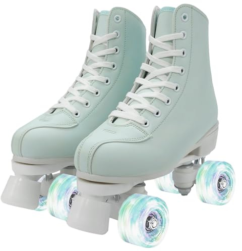 XUDREZ Women Roller Skates Girls Roller Derby Skates Adult Skates Shoes Mint Green Four-Wheel Rollerskates for Beginner Outdoor (Mint Green with white flash wheel,EU 39 - UK:Women's 5.5 / Men's 5)