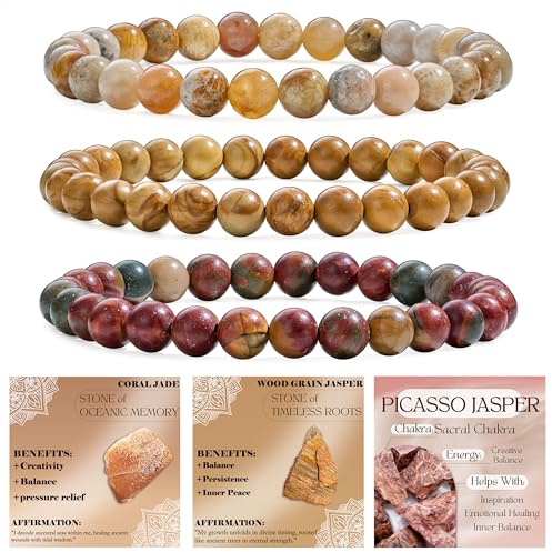 Bivei 3‑Pièces 6 mm bracelet pierre naturelle femme – Jade Corail, Jaspe Bois, Jaspe Picasso – bracelet perles extensible fait main lithothérapie yoga méditation protection