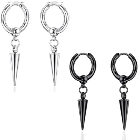 JYNXOR 2 Paires Boucles d'Oreilles Homme Acier Inoxydable Boucles d'Oreilles Créoles Boucles d'Oreilles Pendantes Piercing Cartilage Boucles d'Oreilles pour Hommes Femmes(Noires,Argent)