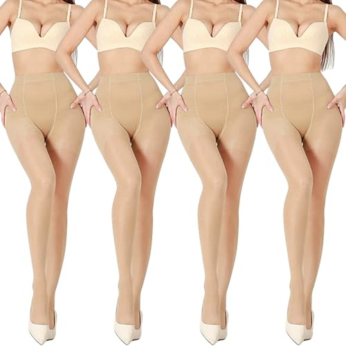 Risipu 4 Pairs Women 40D Compression Tights Soft Elastic High Waist Pantyhose Support Tights