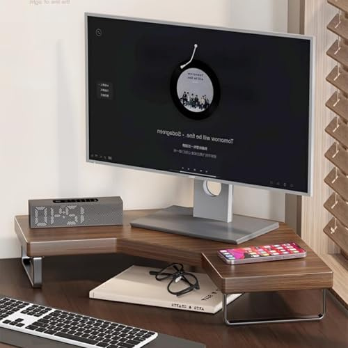 Modernt bildskärmstativ för skrivbord, platsbesparande hörnmonitorhylla med metallben, förvaring för datorskärm, skrivare och tangentbord (valnöt)