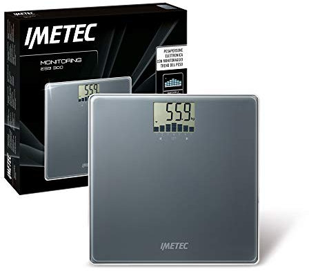Imetec Monitoring ES9 300 bilancia pesapersone elettronica, Monitoraggio trend grafico peso, 4 utenti, fino a 180 kg, Lcd display, Vetro temperato