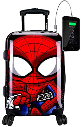 TOKYOTO Kabinentrolley Kinderkoffer Handgepäck Flugzeug für Mädchen Jungen Fans von Superhelden Cartoons Avengers Hartschalenkoffer Kabinenkoffer 55x35x20 cm TSA-Schloss USB-Anschluss Spider Boy