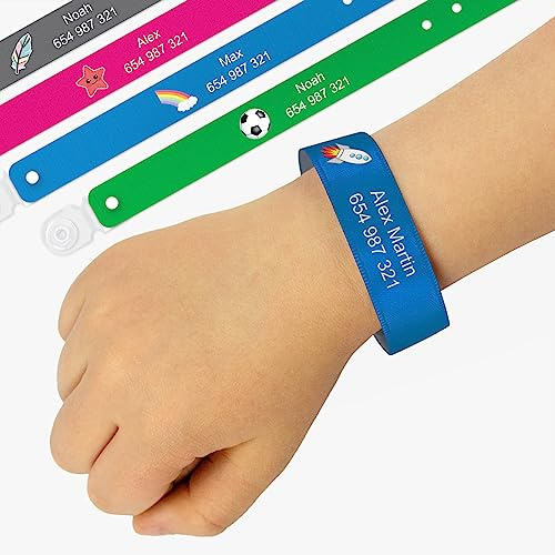 Stikets 9 Braccialetti identificativi personalizzati con chiusura permanente per bambini. Anti-perso SOS
