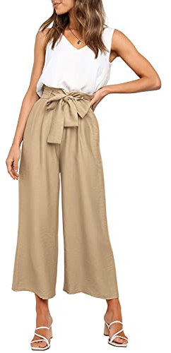 FANCYINN Damen 2 teiliges Crop Pants Set mit weitem Bein Wide Strap V-Ausschnitt Tank High Waist Cropped Paper Bag Hose mit Gürtel Khaki L