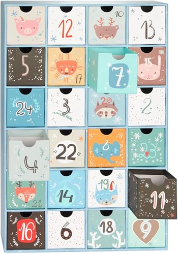 BRUBAKER Adventskalender zum Befüllen - Tierische Weihnachten Blau - DIY Weihnachtskalender mit 24 Türchen für Gutscheine, Süßigkeiten und weitere Überraschungen - 39 cm groß aus Pappe
