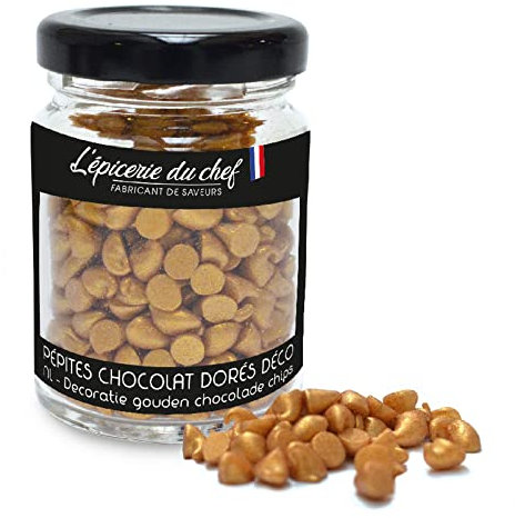 Épicerie du Chef - Pot de Pépites de Chocolat Dorés 60g - Décoration Alimentaire Professionnelle pour Pâtisseries Desserts Gâteaux Déco de Table - Chunks Chocolat Blanc - Couleur Or - EDC70006