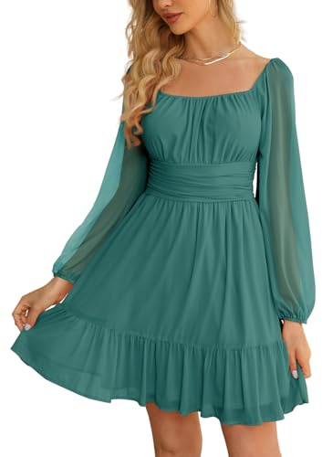 Wenrine Women's Mesh Long Sleeve Square Neck Dress High Waist A Line Ruffle Hem Flowy Casual Party Mini Dress Green