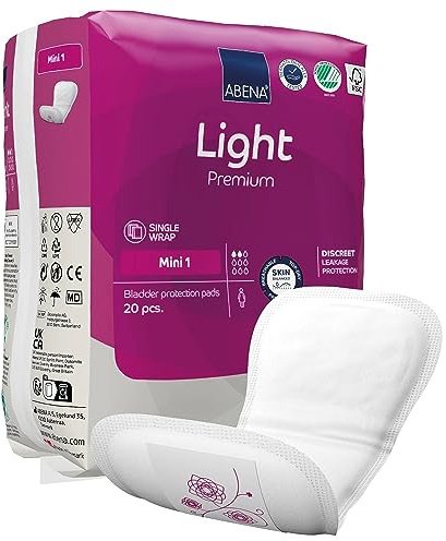 Abena Lot de 20 alèses d'incontinence légères, éco-étiquetées pour femmes, pour adultes, respirantes et confortables avec protection à absorption rapide pour femme, Light Mini 1 blanc, 180 ml