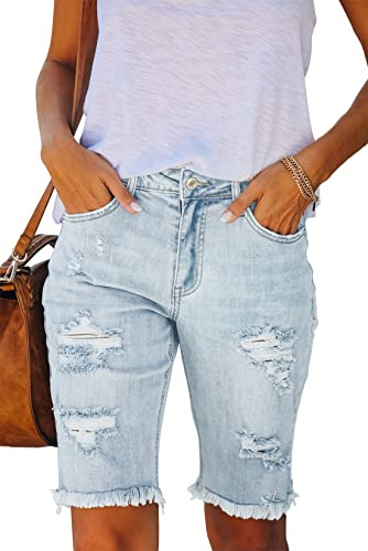Ancapelion Women's Casual Denim Shorts Mid Waist Bermuda Jeans Shorts Raw Hem Ripped Hole Jeans with Pockets