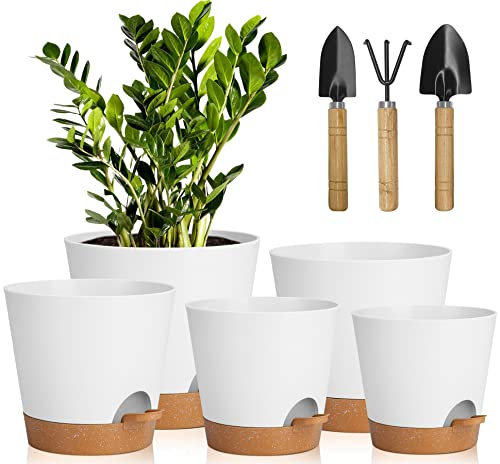 Macetas para Flores Juego de 5, 17.8/16.5/15.2/13.9/12.7cm macetas de Auto-riego, Maceteros Decorativos Interior con Agujeros de Drenaje, Macetas De Flor para Interior para DecoracióN(Marrón Blanco)