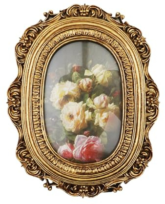 Bitray antik bildram 22,4 cm x 17,3 cm oval fotoram i guld med glasframställning och vägghängande heminredning