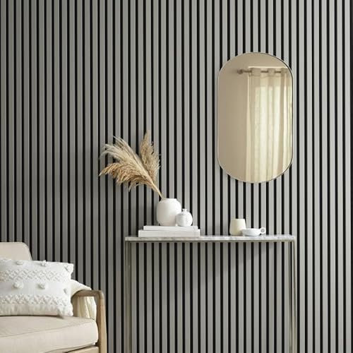 DECOON - Panneau Mural tasseaux Bois 250 x 30 cm - Lamelles placage Gris sur Feutrine Noire - Design Moderne et Isolation sonore - Revêtement décoratif intérieur - 0,75 m²