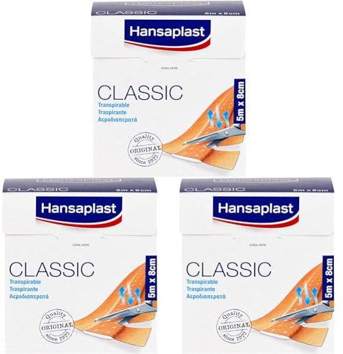 Hansaplast Classic Pflaster (5 m x 8 cm), zuschneidbare Wundpflaster mit extra starker Klebkraft, flexibles und atmungsaktives Verbandsmaterial (Packung mit 3)